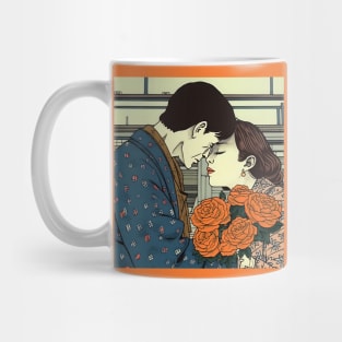 Cartoon Couple Kissing and holding Flowers Mug